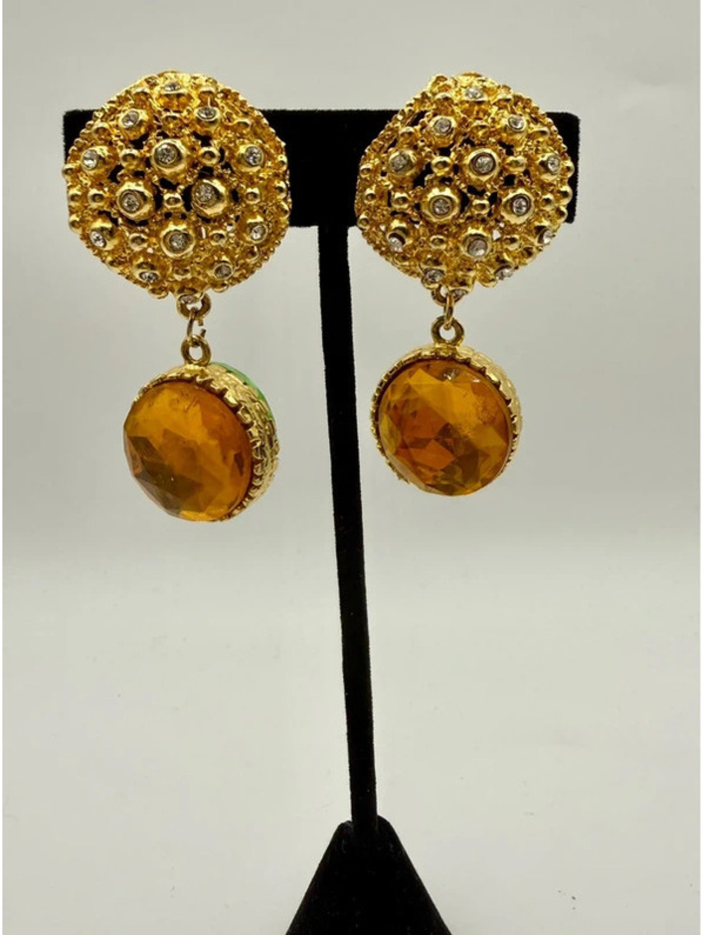 Vintage Gold Tone Rhinestone Clip-On Earrings Faceted Crystal Dangles